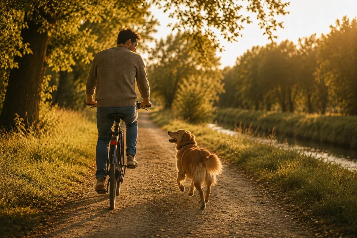 Mand på cykel med sin golden retriever løbende ved siden af